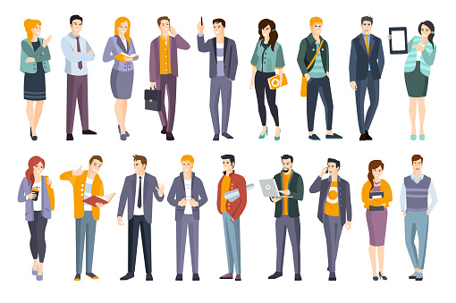 Young Professional Confident People Set. Man And Women Wearing Modern Dress Code Office Clothing Flat Illustrations