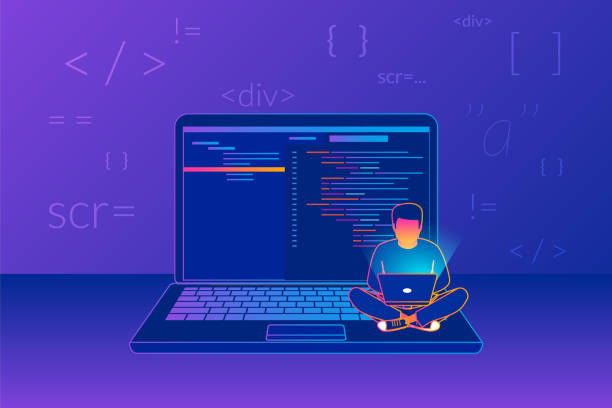 Young programmer coding a new project Man sitting on the big laptop and working. Gradient line vector illustration of young programmer coding a new project using computer on violet background with code symbols and signs developer stock illustrations