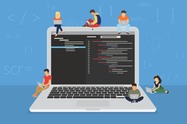 Young programmers coding a new project Young programmers coding a new project sitting on big laptop with command line. Flat modern illustration of young programmer coding a new project using programmimg skills and working as system admin typing on laptop stock illustrations