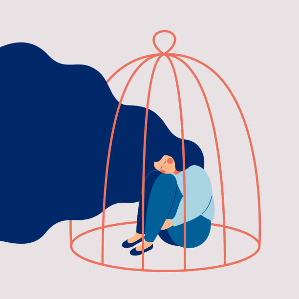 illustrazioni stock, clip art, cartoni animati e icone di tendenza di giovane donna triste rinchiusa in una gabbia. - contro violenza donne