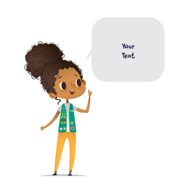 Young smiling African American girl scout dressed in uniform with badges and patches and speech bubble with place for text isolated on white background. Female scouter, member of troop, speaker. Young smiling African American girl scout dressed in uniform with badges and patches and speech bubble with place for text isolated on white background. Female scouter, member of troop, speaker girls stock illustrations