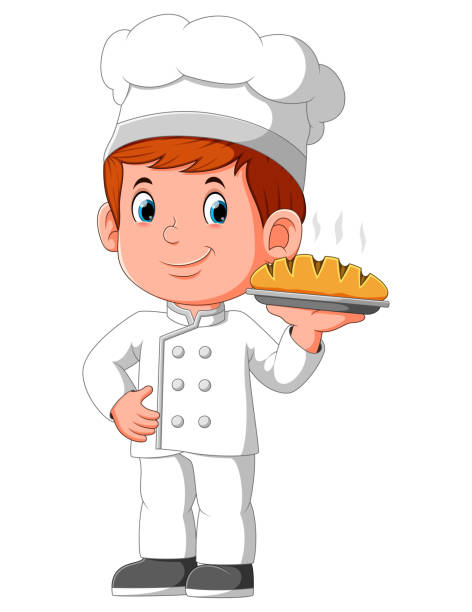 stockillustraties, clipart, cartoons en iconen met jonge glimlachende mensenchef die plaat met brood houdt - plate hamburger