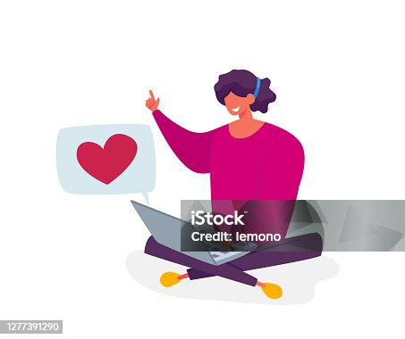 istock Young Smiling Woman Character Sitting on Floor with Laptop Communicating, Give Like in Internet Social Media Networks 1277391290