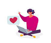 istock Young Smiling Woman Character Sitting on Floor with Laptop Communicating, Give Like in Internet Social Media Networks 1277391290