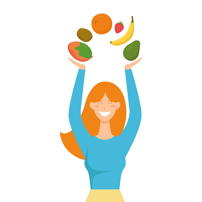 Young smiling woman holding fruits above her head. Vector illustration in cartoon style