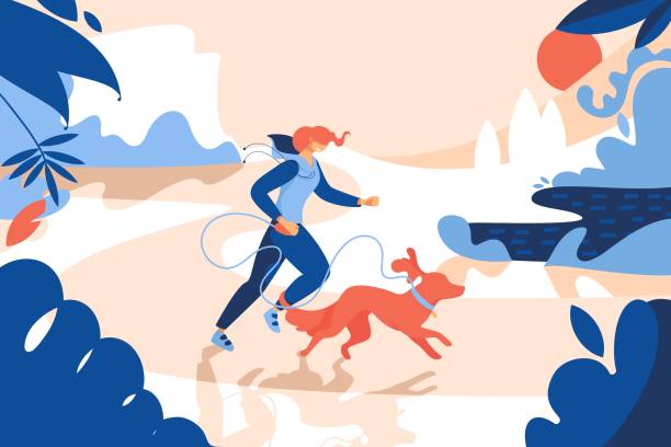 Young smiling woman jogging with readhead dog. Exterior scene with greenery and sun, drawn with bright blue and orange colors. Vivid concept illustration for healthy lifestyle and pets love Young smiling woman jogging with readhead dog. Exterior scene with greenery and sun, drawn with bright blue and orange colors. Vivid concept illustration for healthy lifestyle and pets love tunisian girls stock illustrations