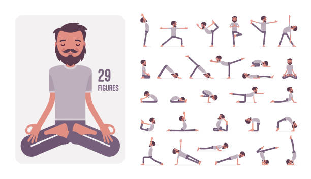 junge sportliche yogi mann üben yoga-charakter-set, pose sequenzen - yoga poses stock-grafiken, -clipart, -cartoons und -symbole