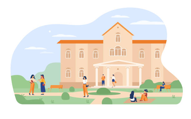 Young students walking in front of university or college Young students walking in front of university or college building flat vector illustration. Cartoon people relaxing and sitting on grass at campus. Exterior, education and landscape concept college campus stock illustrations