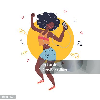 istock Young stylish long haired african girl listening to music in earphones dancing isolated on white background. 1190811071
