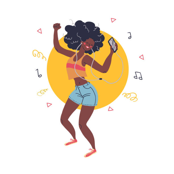молодая стильная длинноволосая африканская девушка, слушая музыку в наушниках, танцует изолированно на белом фоне. - dancing stock illustrations