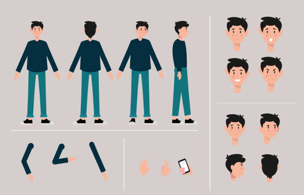 年輕的十幾歲的男孩卡通人物構造載體插圖集。圖示與不同類型的面孔（快樂，憤怒，悲傷，驚訝，疲倦，焦慮），情緒，正面，側面，背面看站立的男性。 - 人的背部 幅插畫檔、美工圖案、卡通及圖標