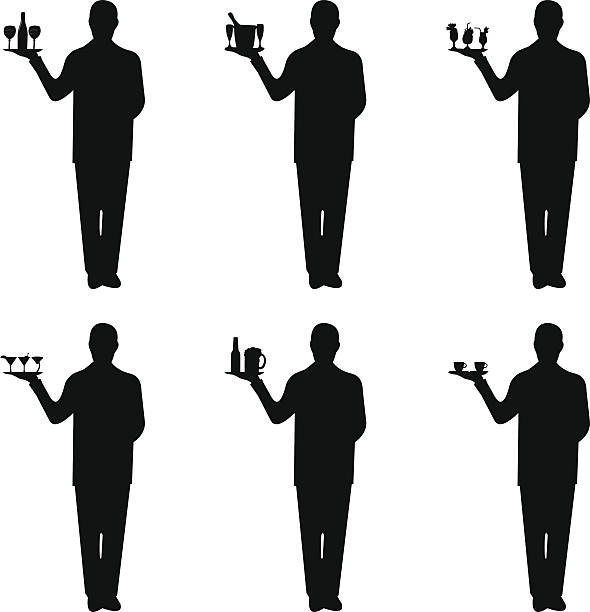 Young waiter with tray and different drinks Beautiful young waiter standing and holding a round tray with different drinks collection silhouette cocktail silhouettes stock illustrations