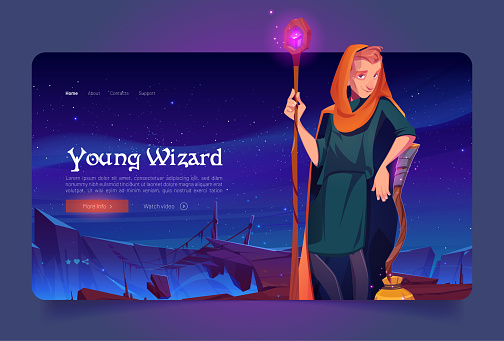 Young wizard with magic staff and broom on rock