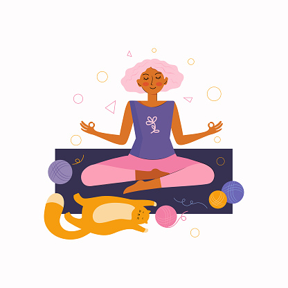 Young woman and a funny red cat spend time together at home doing yoga. Spending time at home. Time at home with your favorite pet. Woman sits in the Lotus position and meditates. Vector illustration