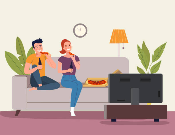 ilustrações de stock, clip art, desenhos animados e ícones de young woman and  man sitting on sofa and eating pizza in the living room. vector flat style illustration - pizza table