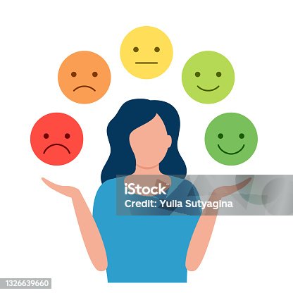 istock Young woman choice different emotions. Girl play role, change emotion, control reaction. Vector illustration 1326639660