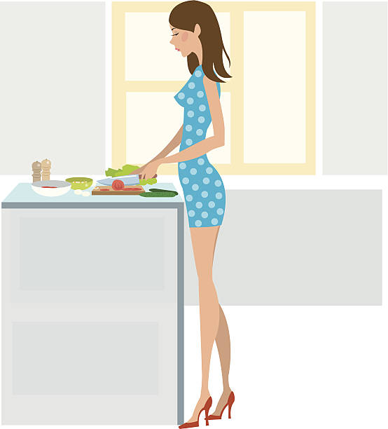 ilustrações de stock, clip art, desenhos animados e ícones de jovem mulher cozinhar jantar - woman chopping vegetables