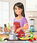 Vector illustration of a smiling young woman with long black hair wearing a red apron standing in the kitchen at the stove cooking a meal and smiling at the camera.
