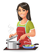 Vector illustration of a smiling young woman with long black hair wearing a green shirt and a red apron standing at the stove cooking a meal and smiling at the camera- isolated on white. Concept for cooking, preparing food, healthy eating, healthy lifestyles, vegetarian and vegan food.