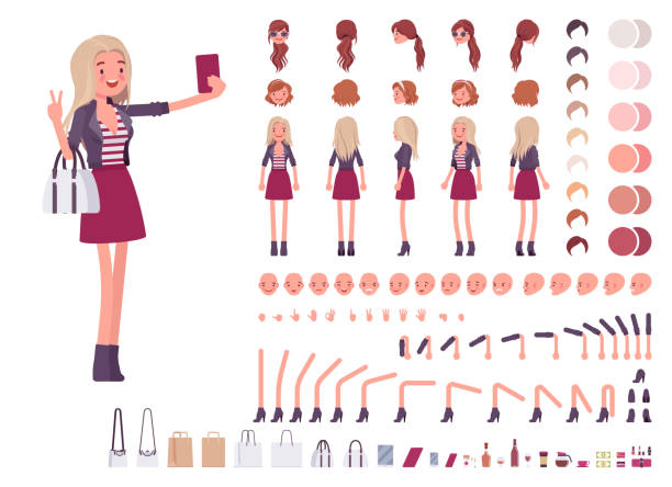 Young woman creation set Young woman creation set. Millennial girl, nice blonde lady in jacket, youth fashion. Full length, different views, emotions, gestures. Build own design. Cartoon flat-style infographic illustration blond hair stock illustrations