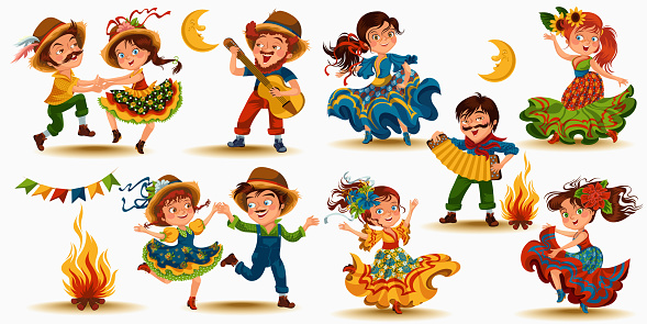 Young woman dancing salsa on festivals celebrated in Portugal Festa de Sao Joao, man play on sanfona near bonfire traditional fiesta dance, holiday party dancer, festive people carnaval vector illustration