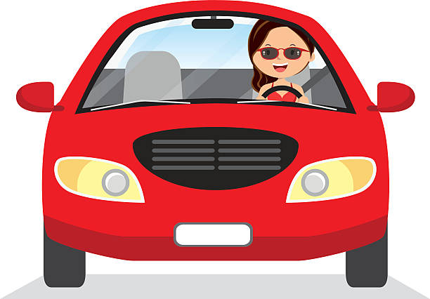 Young woman driving red car Vector illustration of a cheerful woman driving on isolated background. teen driving stock illustrations