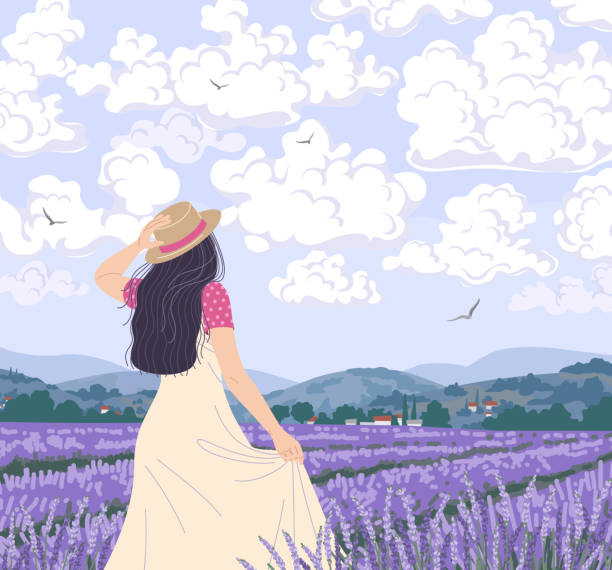Young Woman Enjoys the lavender Field Young woman enjoys the scenery of lavender field. Dreamy girl in straw hat walking among purple flowers. Calm landscape with mountains, floating clouds and flying birds in sky. Vector illustration. landscape scenery clipart stock illustrations