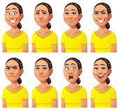 Vector illustration of a young woman with eight different facial expressions: smiling, smirking, laughing, neutral, anxious/sad, angry, screaming, and surprised. Portraits perfectly match each other and can be easily used for facial animation by simply putting them in layers on top of each other.