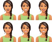 Vector illustration of a young woman with a braid, with six different facial expressions: laughing, smiling, angry, furious, anxious and neutral.