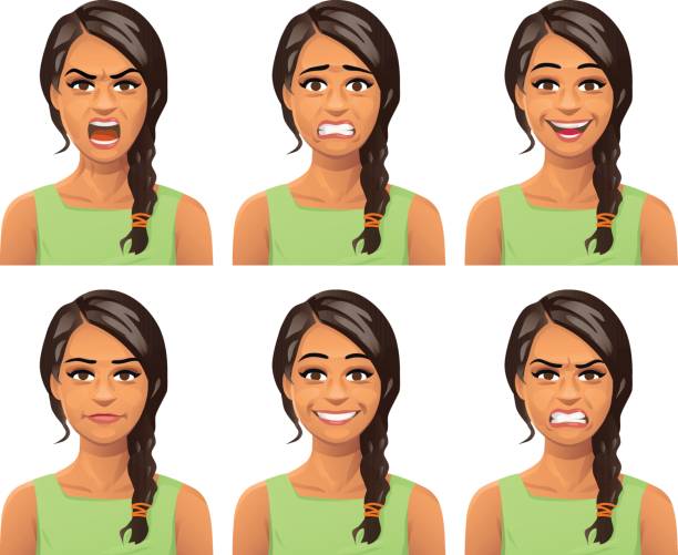 Young Woman Facial Expressions Vector illustration of a young woman with a braid, with six different facial expressions: laughing, smiling, angry, furious, anxious and neutral. angry face stock illustrations