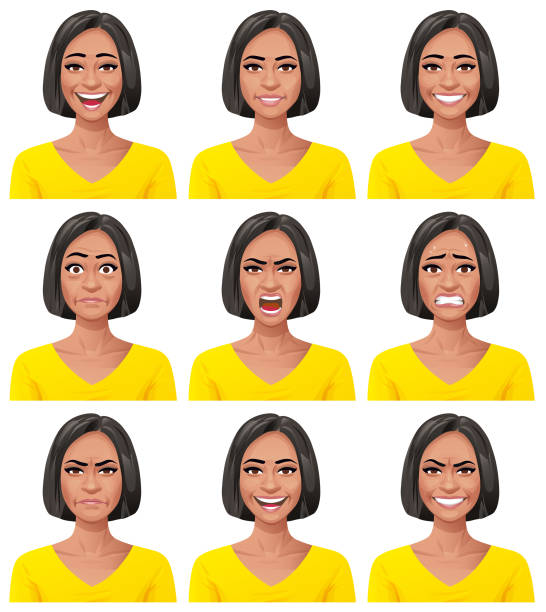 Young Woman- Facial Expressions Vector illustration of a young african american woman with nine different facial expressions: laughing, neutral, smiling, stunned/surprised, screaming/ furious, anxious, angry, talking and mean. Portraits perfectly match each other and can be easily used for facial animation by simply putting them in layers on top of each other. avatar clipart stock illustrations