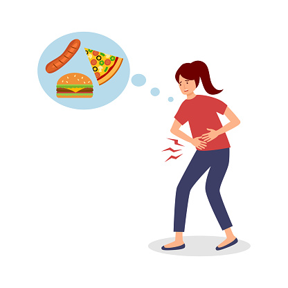 Young woman feels hungry and thinking about food in flat design on white background. Female suffering from stomachache and want eating food.