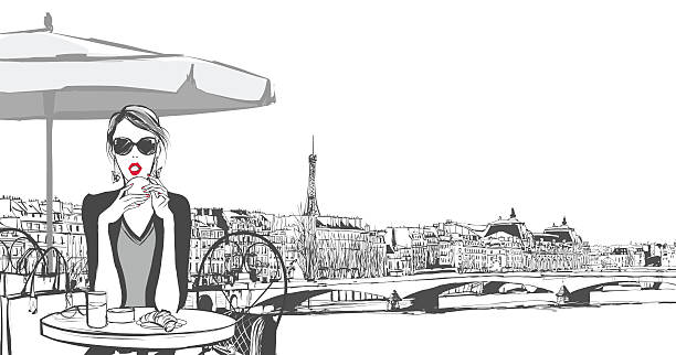 ilustraciones, imágenes clip art, dibujos animados e iconos de stock de mujer joven con el desayuno en parís - paris