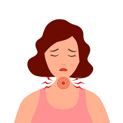 Young woman having sore throat symptom from virus or bacteria in flat design on white background.