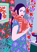 Adorable young woman holding a cat in bright decorated interior. Portrait of pet owner. Flat vector illustration.