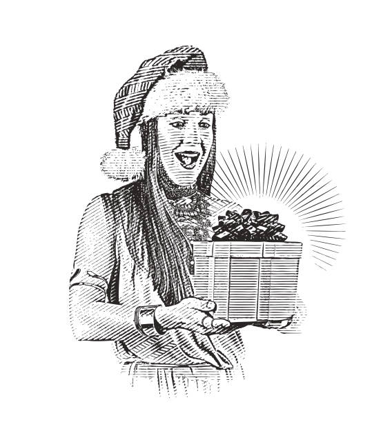 ilustrações de stock, clip art, desenhos animados e ícones de young woman holding christmas present - woman holding a christmas gift