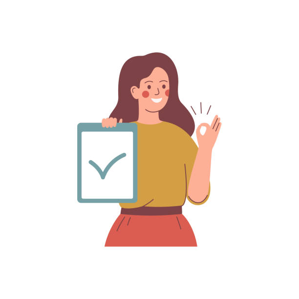 Young woman holds a placard with accept mark and raises her hand with sign ok. Young woman holds a placard with accept mark and raises her hand with sign ok. Presentation concept. Human character vector illustration. voting clipart stock illustrations