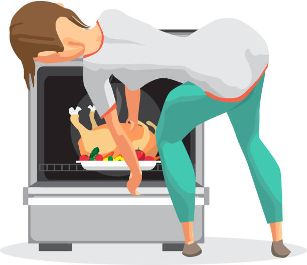 Young woman housewife takes a chicken out of an oven Young woman housewife takes a chicken out of an oven. Girl preparing food in the kitchen. Back view. Flat cartoon vector illustration thanksgiving diner stock illustrations
