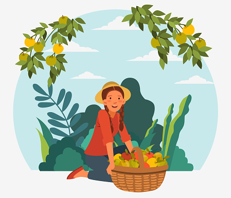 Young woman in a garden with a basket full of fresh apples