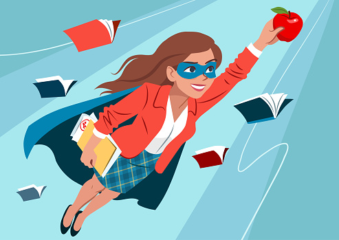 Young woman in cape and mask flying through air in superhero pose, looking confident and happy, holding an apple and folder with papers, open books around. Teacher, student, education learning concept