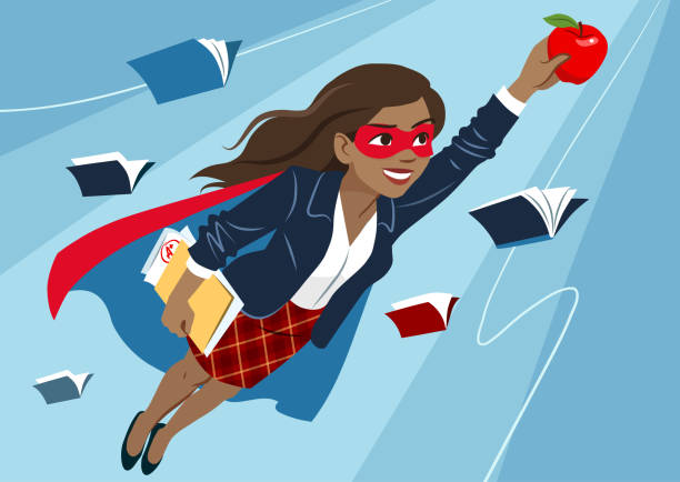 Young woman in cape and mask flying through air in superhero pose, looking confident and happy, holding an apple and folder with papers, open books around. Teacher, student, education learning concept Young woman in cape and mask flying through air in superhero pose, looking confident and happy, holding an apple and folder with papers, open books around. Teacher, student, education learning concept black superwoman stock illustrations