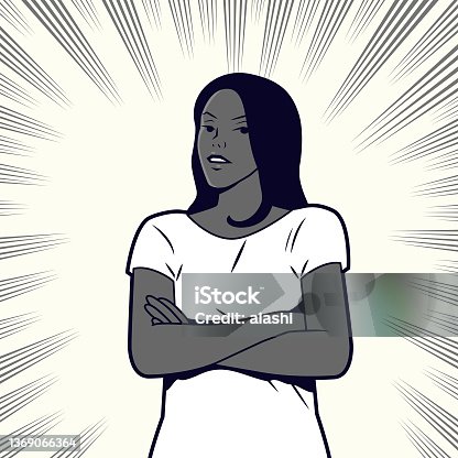 istock Young woman in casual clothes with crossed arms, three quarter view face, comics effects lines background 1369066364