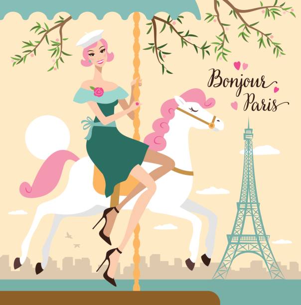 Young woman in Paris Happy young woman riding a carousel horse in Paris. carousel horse stock illustrations