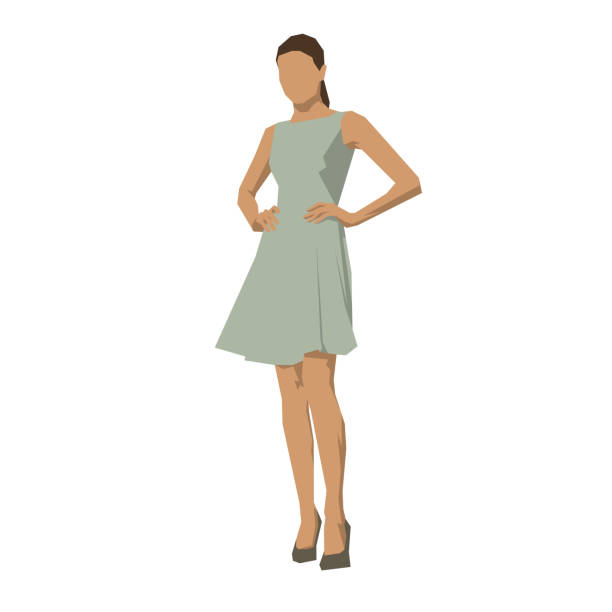 stockillustraties, clipart, cartoons en iconen met jonge vrouw in zomer jurk, geometrische platte ontwerp vector illustratie - jurk