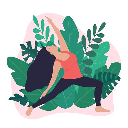 Young Woman in yoga pose surrounded by green tropical leaves. Girl doing exercise, meditation in Viparita Virabhadrasana, Reverse Warrior pose. Plant, botanical leaves. Floral flat vector illustration