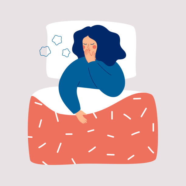 Young woman is lying in the bed and coughing. Young woman is lying in the bed and coughing. Sick girl with symptoms of influenza has trouble sleeping. Concept of health problem and viral infectious disease. Flat vector illustration. sleeping clipart stock illustrations