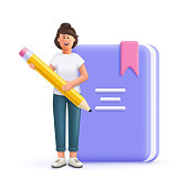 Young woman Jane holding pen front of huge book. Prepare to examination, make homework, read and learn. Education, university, college concept. 3d vector people character illustration.