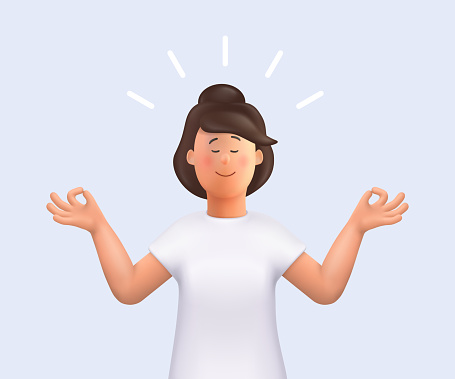 Young woman Jane meditating. Meditation practice. Concept of zen, harmony, yoga, meditation, relax, recreation, healthy lifestyle. 3d vector people character illustration.