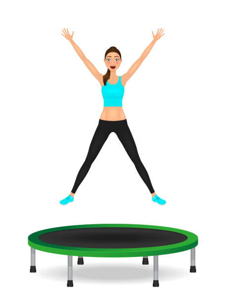 Young woman jumping on trampoline. Pretty fit girl in leggings and crop top with hands up. Young woman jumping on trampoline. Pretty fit girl in leggings and crop top with hands up clip art of kid jumping on trampoline stock illustrations