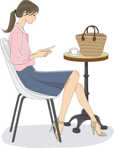 カフェでスマートフォンを見ている若い女性 - スマホ　女性　日本人点のイラスト素材／クリップアート素材／マンガ素材／アイコン素材